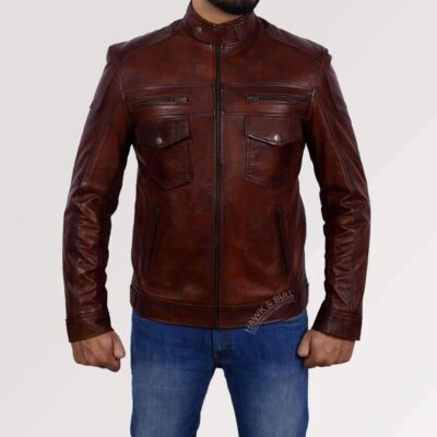 Double Breasted Mens Red Leather Biker Jacket | Hawk & Bull US