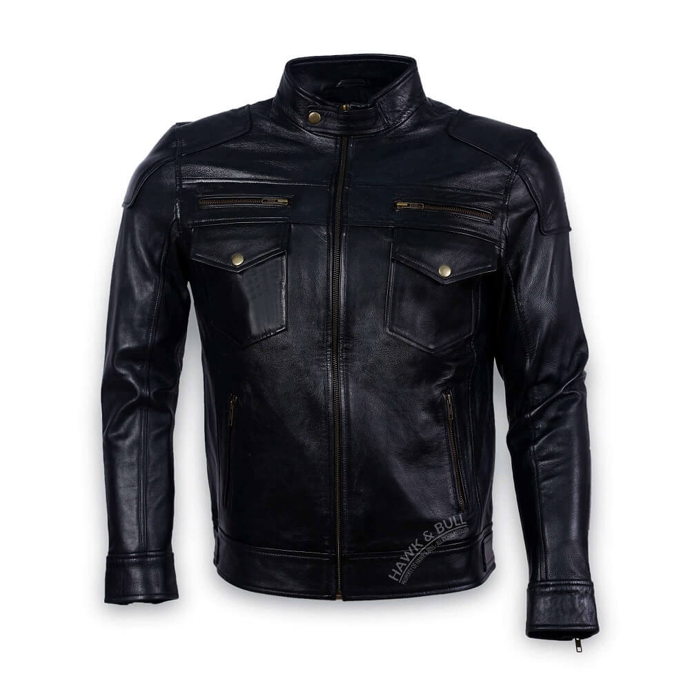 Stylish Black Leather Racer Jacket Mens