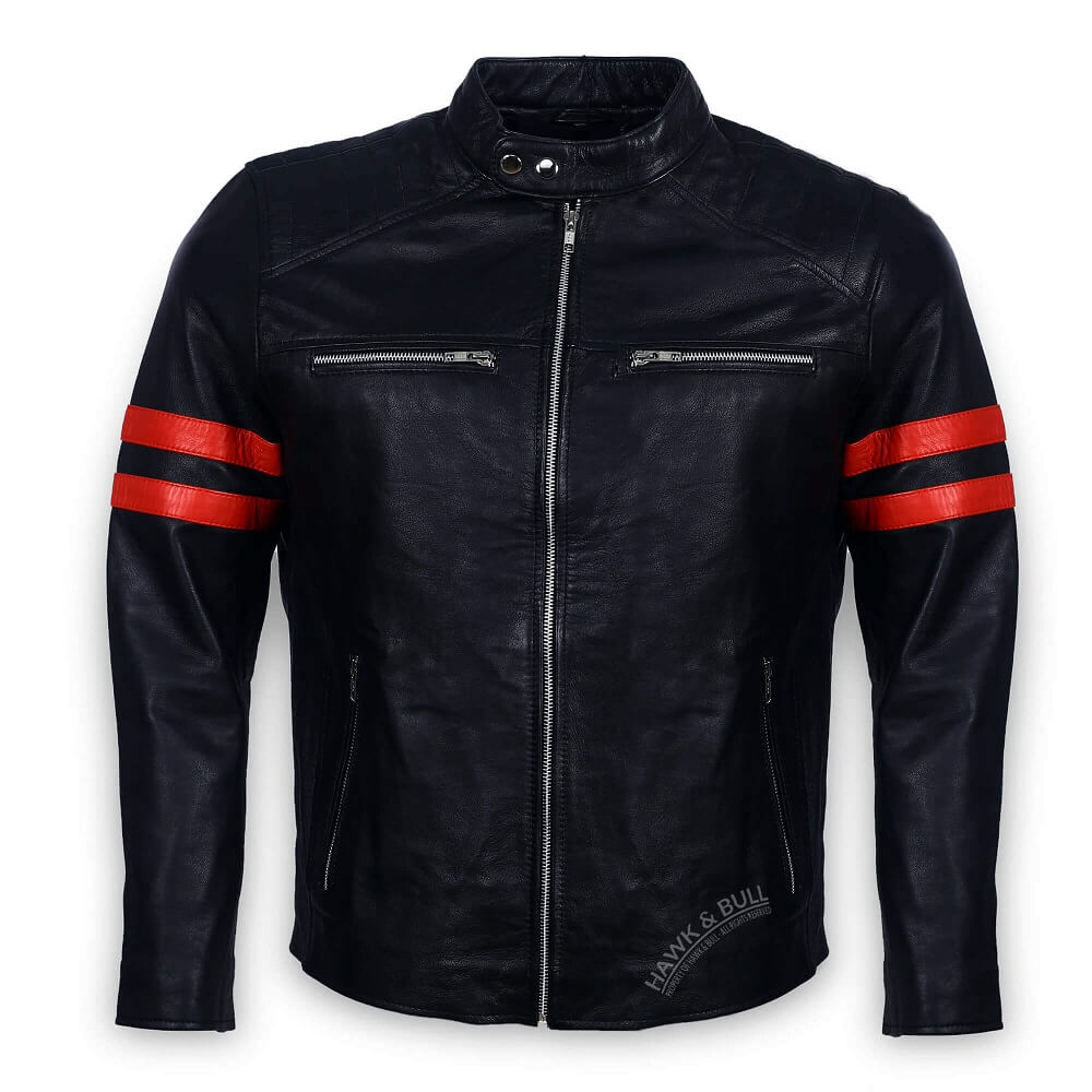 Mens Black Leather Jacket With Red Stripes