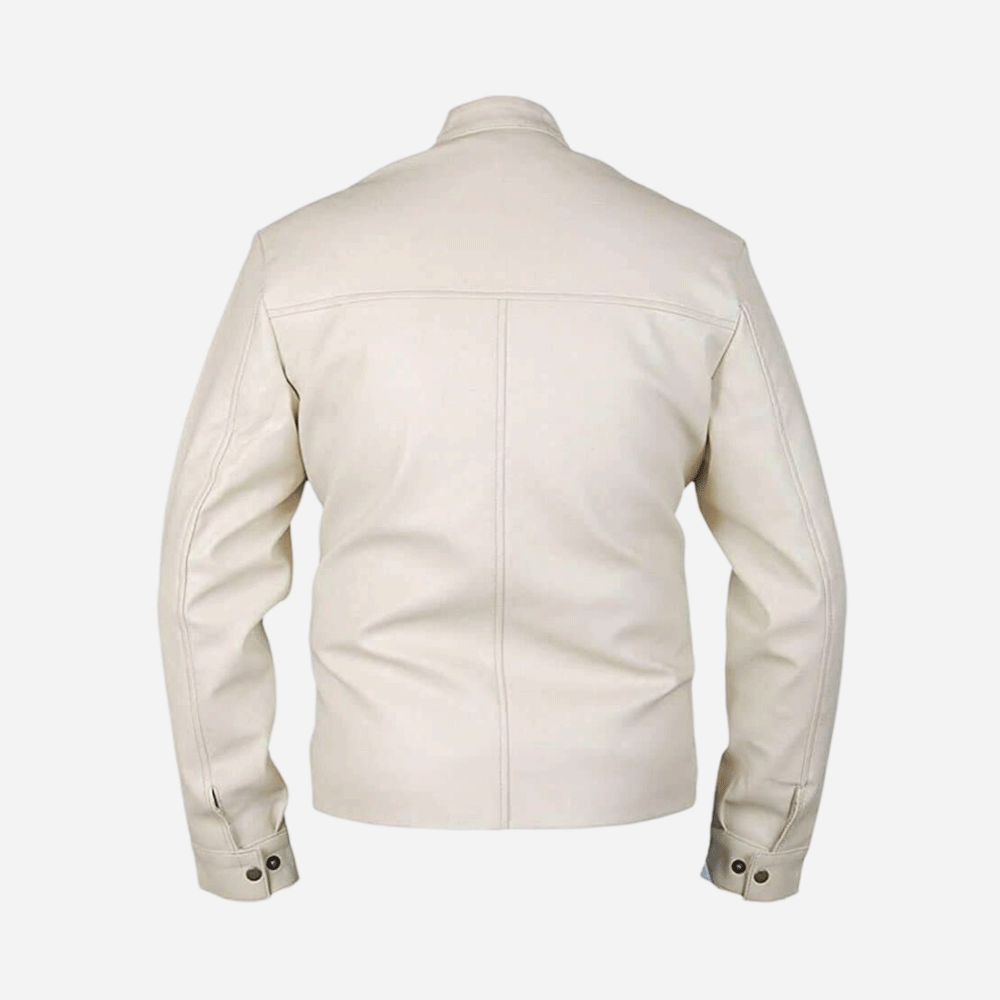 Tobey’s White Leather Biker Jacket Mens back