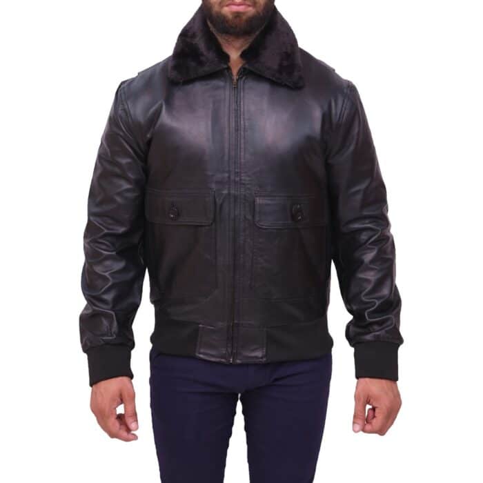 Classy Two Tone Mens Black Leather Bomber Jacket | Fur Collar