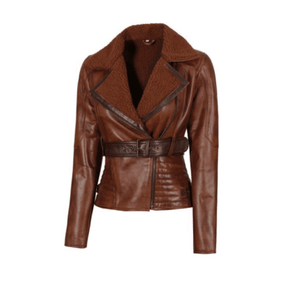 Glamorous20Waxed20Tan20Leather20Biker20Jacket20Womens20With20Lapel20Collar20front