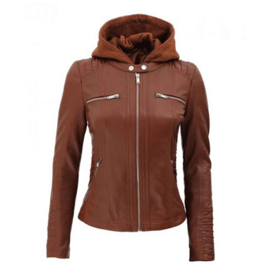 Makalu20Brown20Leather20Biker20Jacket20Womens20With20Hood20front