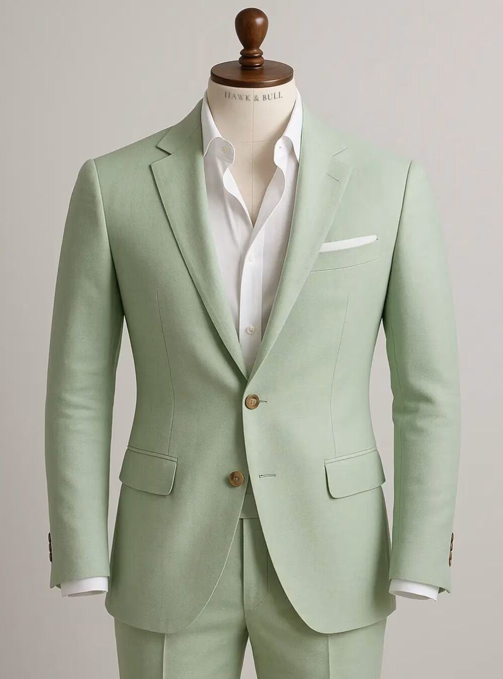 Hawk & Bull Everton Two Piece Light Green Linen Blend Suit Mannequin