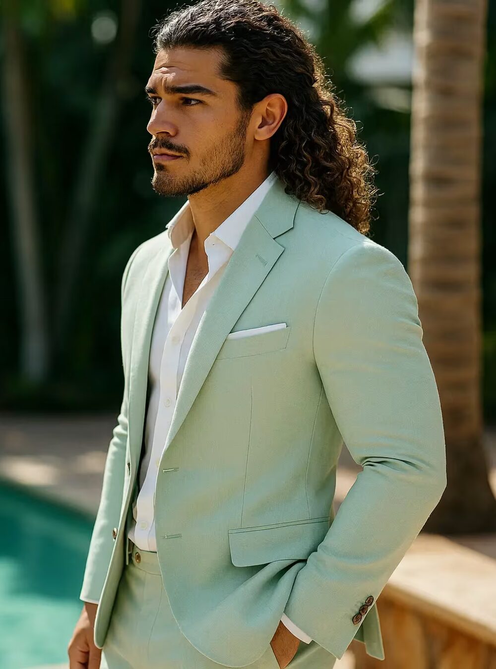 Hawk & Bull Everton Two Piece Light Green Linen Blend Suit Side Pose