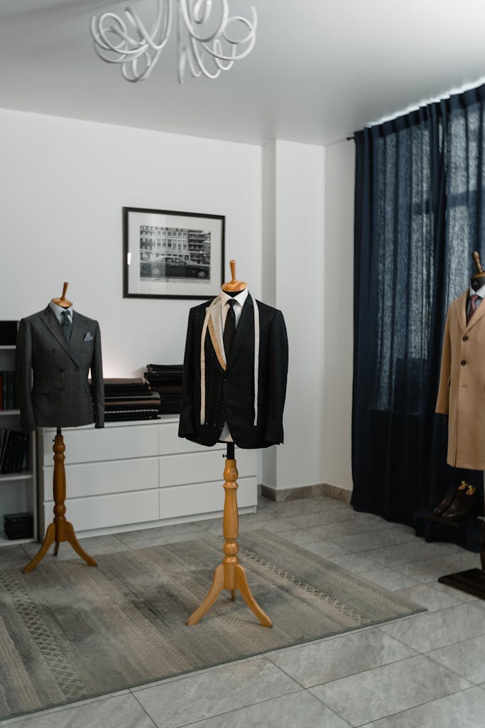Tailored men's suits on mannequins in a stylish fashion studio setting.