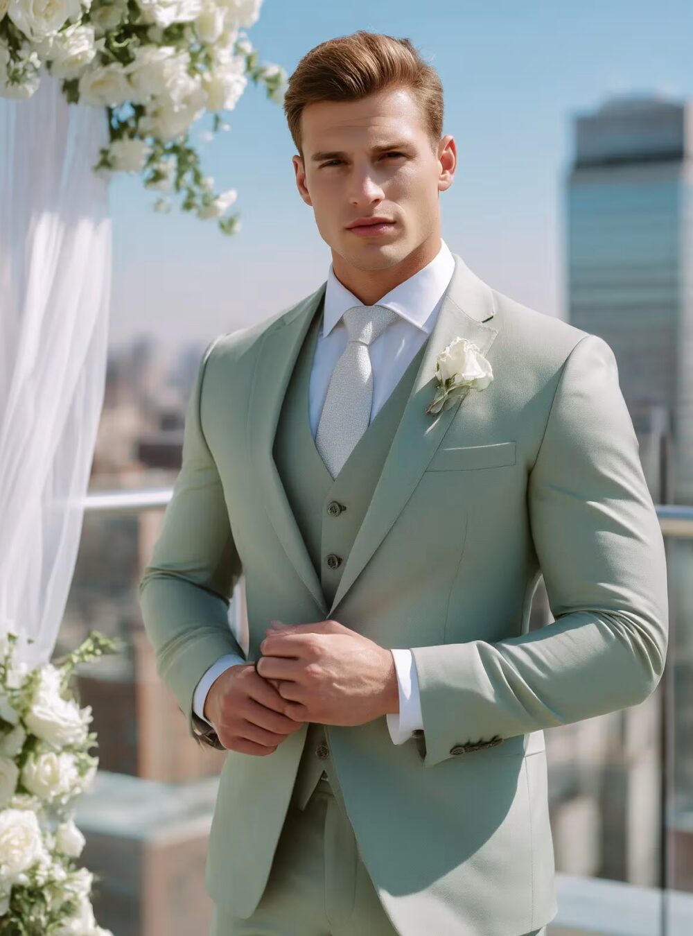 Hawk & Bull Everett Green Three Piece Wool Blend Summer Wedding Suit front