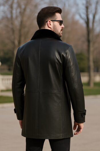 Buy Dapper Mens Long Black Leather Coat With Fur Collar | HAWK