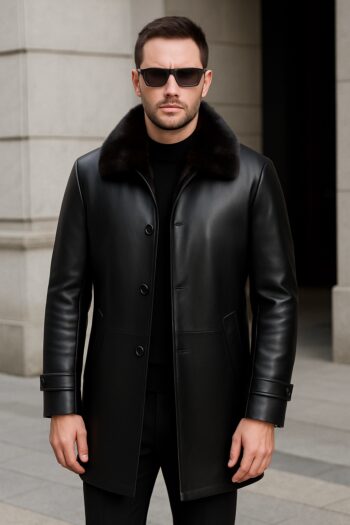 H&B Tailored Clothing 18 Dapper Mens Long Black Leather Coat With Fur Collar