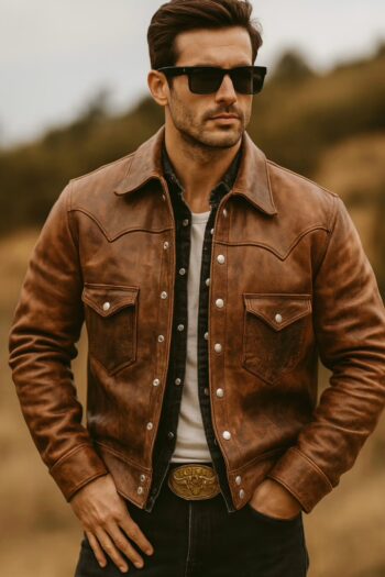 Dakota Saddle Brown Leather Trucker Jacket