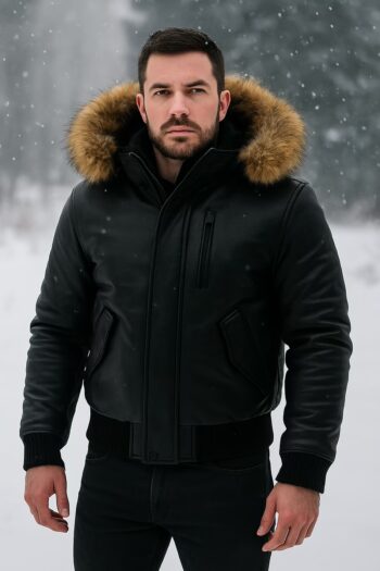 H&B Tailored Clothing 14 Premium Leather Bomber Jacket With Fur Hood